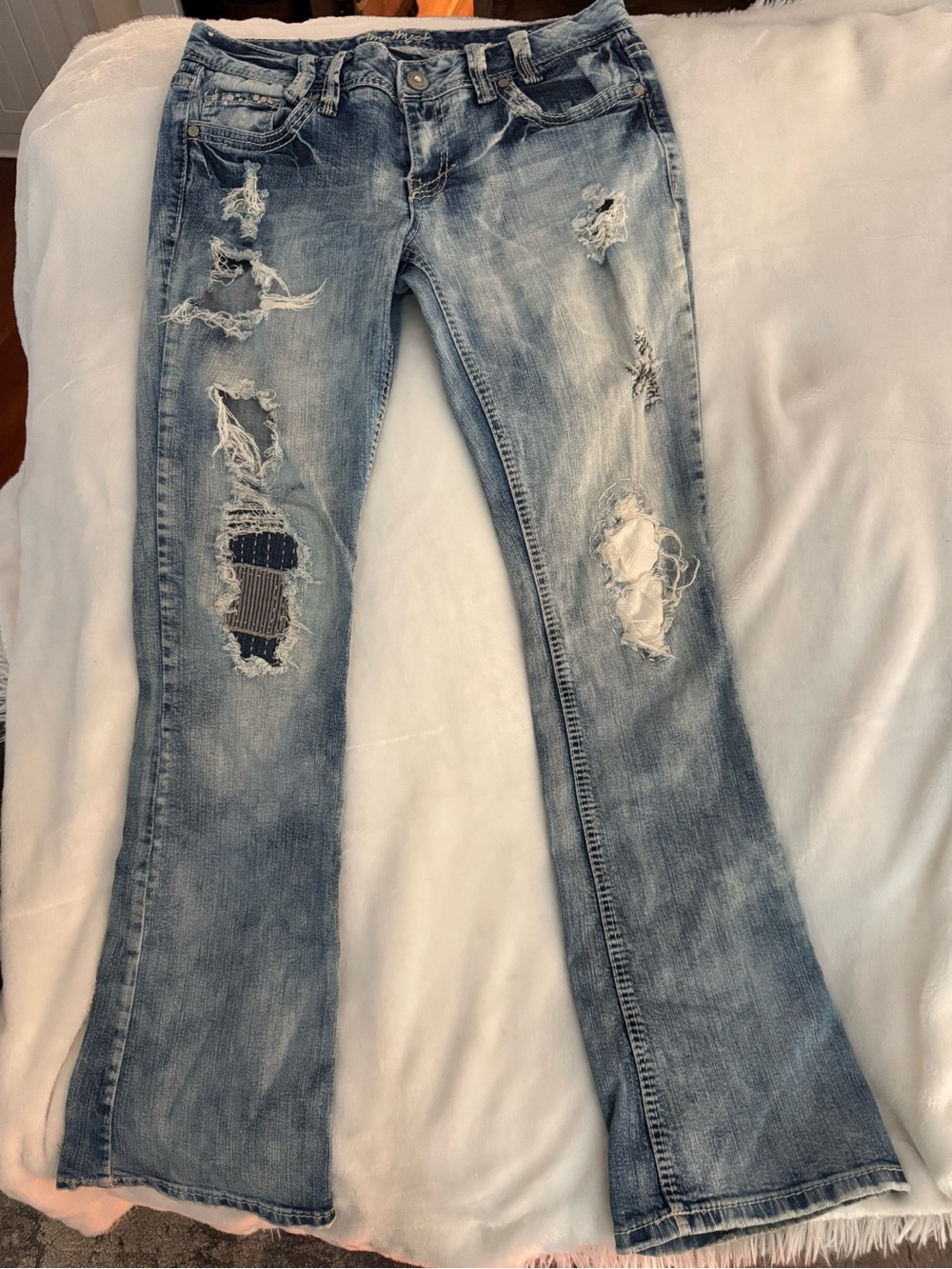 Y2K Amethyst Jeans with hand distressed & boro repair. Unique!